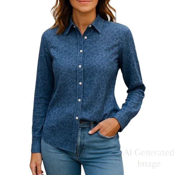 Talbots Womens Chambray Shirt Button Front Blue Animal Print Roll Sleeve Size 14 - Picture 1 of 12